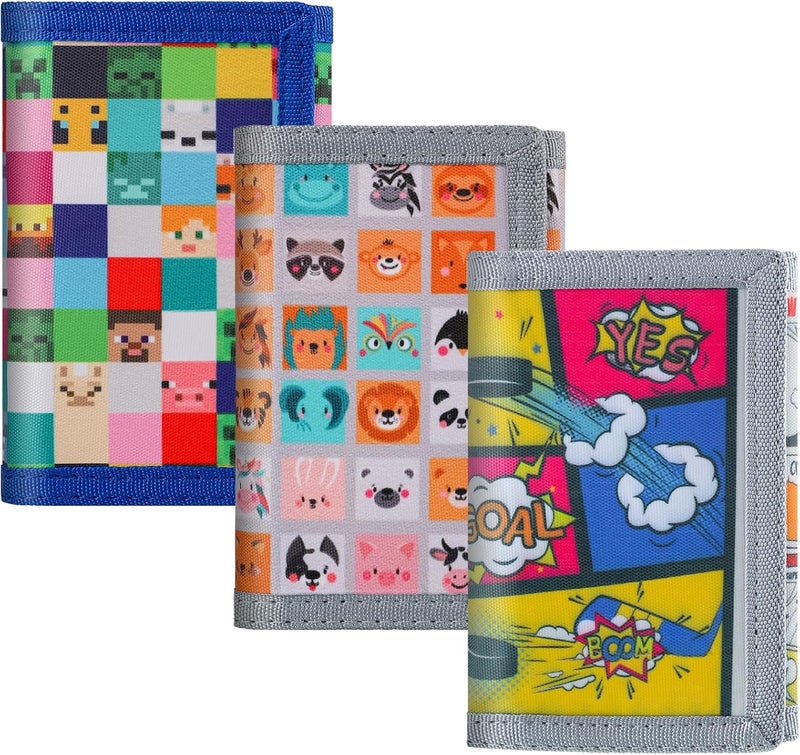 Sundee RFID Blocking Wallet,3 Packs Kids Wallet Bulk,Mini Trifold Coin Purse Cartoon Wallet,Front Pocket Wallet with Zipper for Kids,Canvas Outdoor Sports Wallets with Magic Sticker - Gray Cube - Image 1